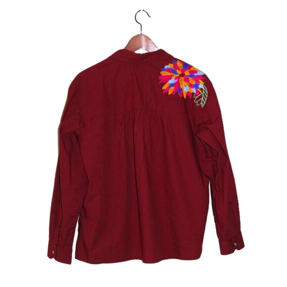 ANTHROPOLOGIE Maeve Embroidered Button-Up Cotton Shirt Wine, Size 6 - Picture 4 of 9